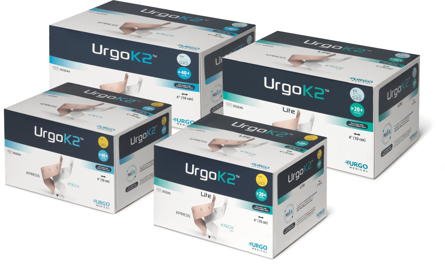 Compression Bandage System 2 Layer URGOK2™ Lite 4 X 7-1/8 to 9-3/4 Inch 20 mmHg Self-adherent Closure Tan / White / Pink Regular NonSterile by Urgo Medical North America LLC  ID 553245